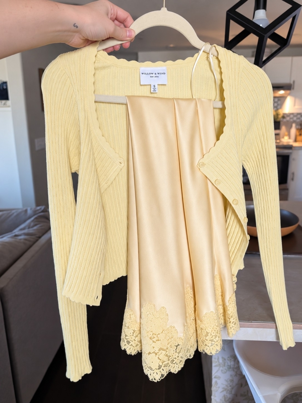 Women's Yellow Ribbed Cardigan And Skirt